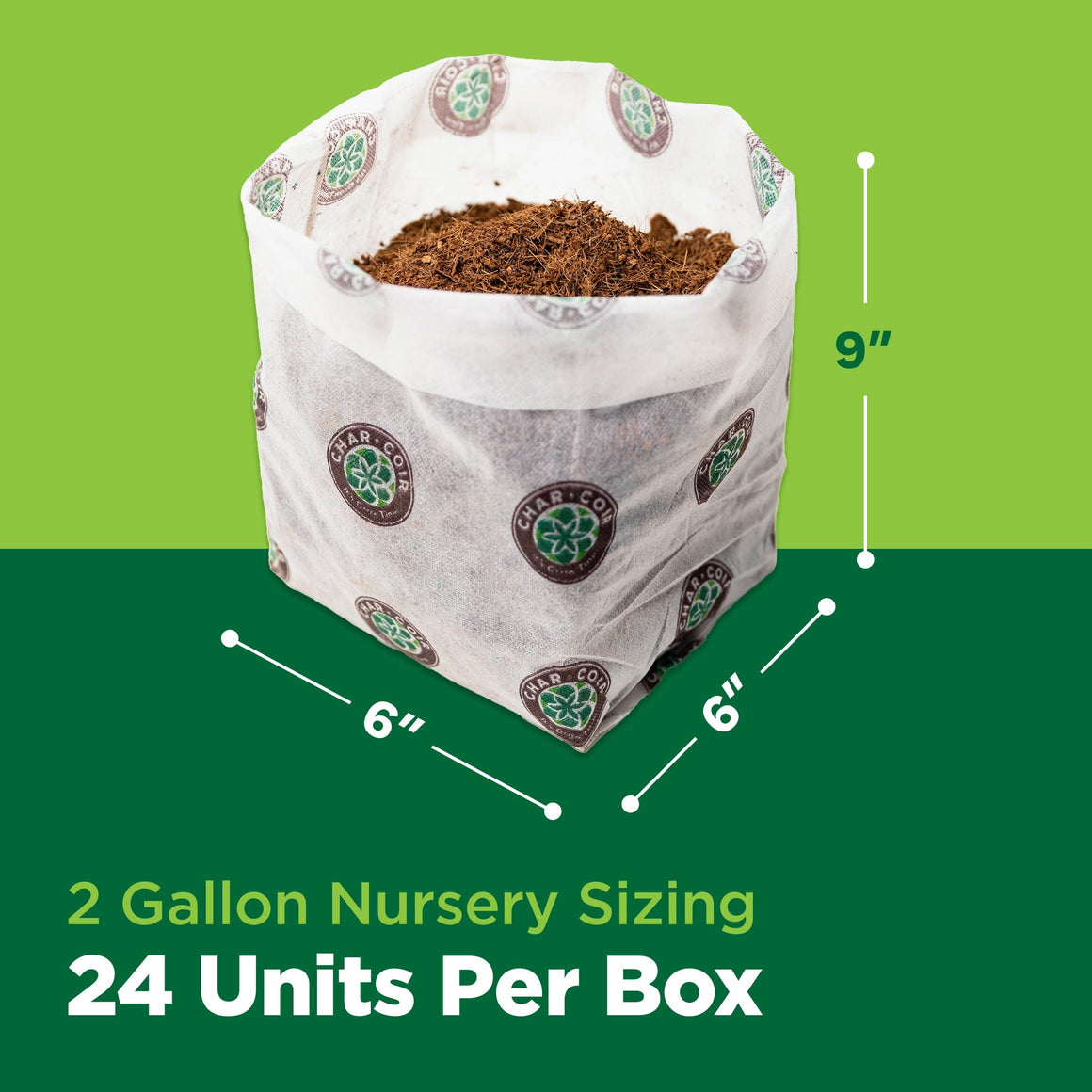 Char Coir bio pots: 2-gallon size, 9" height, 6" diameter, 24 units per box.
