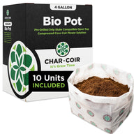 Char Coir 4-gallon Bio Pots: compressed coco coir flower solution, 10 units included, with drip stake compatibility.