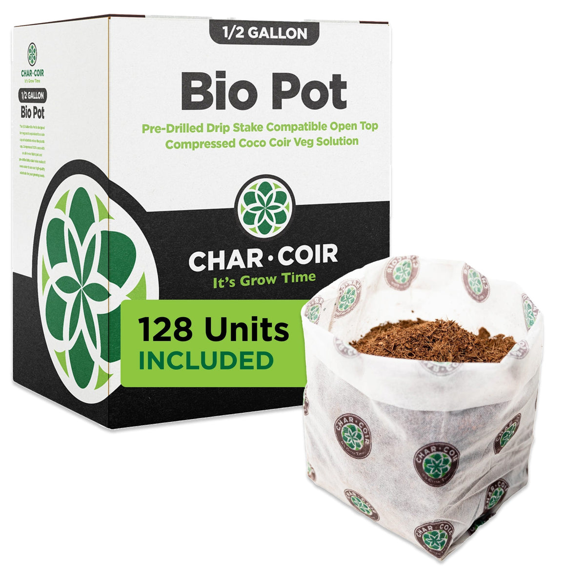 Char-Coir 1/2 Gallon Bio Pot box with 128 units included, and a single pot filled with coco coir.
