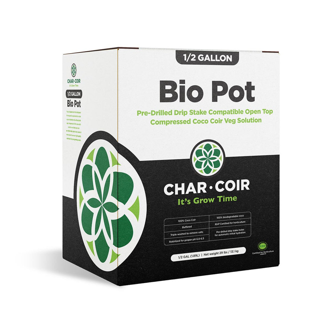 Char•Coir Bio Pot 1/2 gallon compressed coco coir for horticulture, featuring green leaf logo and RHP certification.