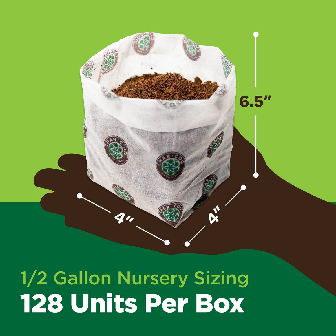 A 1/2 gallon bio pot filled with coco coir, measuring 6.5" tall and 4" wide.