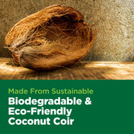 Coconut coir fiber in a brown husk lies on a wooden surface, with green text overlay reading 