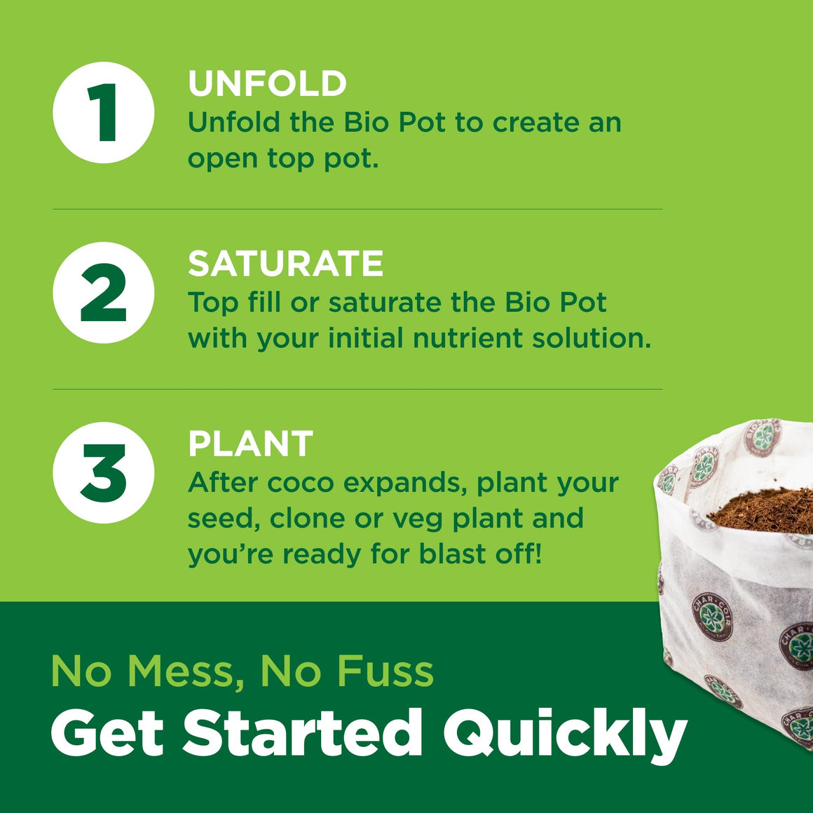 Char Coir Bio Pot instructions: unfold, saturate, plant. No mess, no fuss, get started quickly.