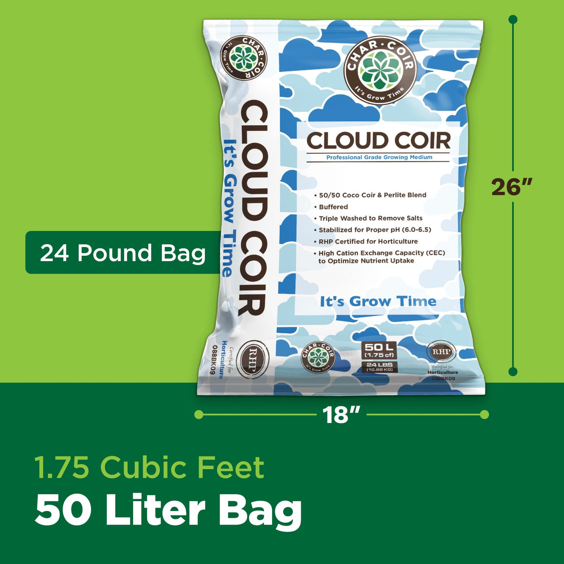 Char Coir Cloud Coir bag, 26" tall, 18" wide, 24 lb, 1.75 cu ft, 50 Liter.