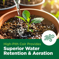 Watering a young plant in a pot with high-pith coir soil, text reads 
