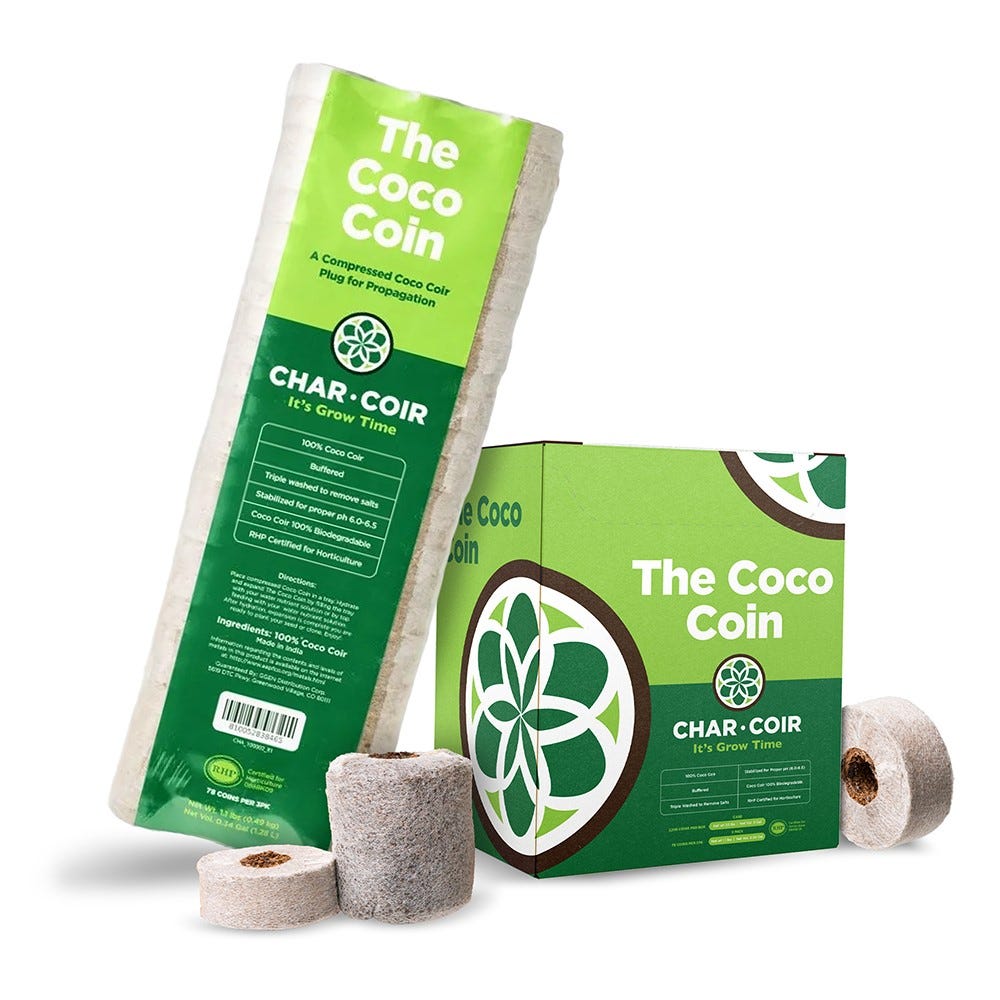 The Coco Coin: Compressed coco coir plugs for propagation, with a large compressed log and two individual plugs.