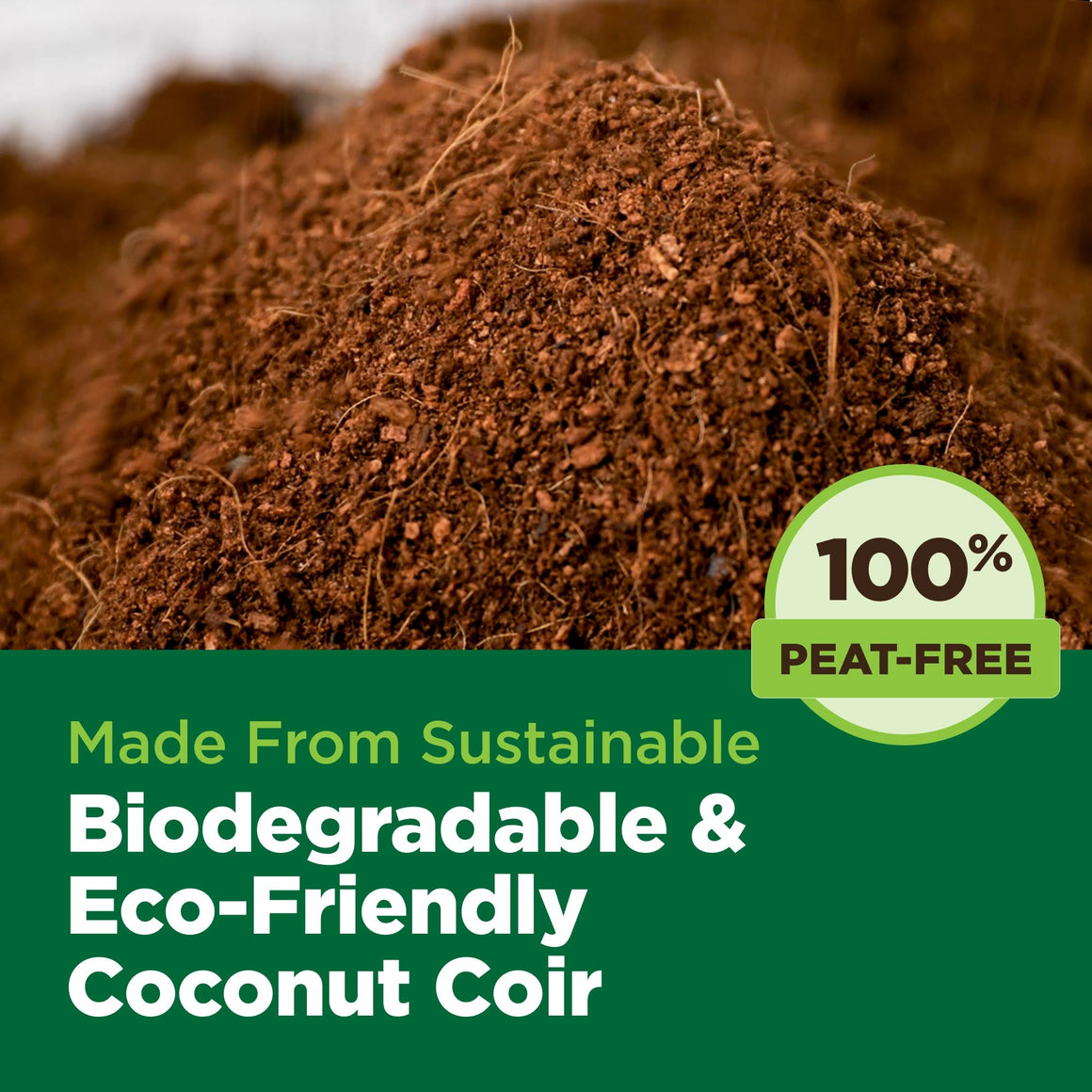 Pile of coco coir with "100% Peat-Free" badge and text "Made from Sustainable, Biodegradable & Eco-Friendly Coconut Coir."