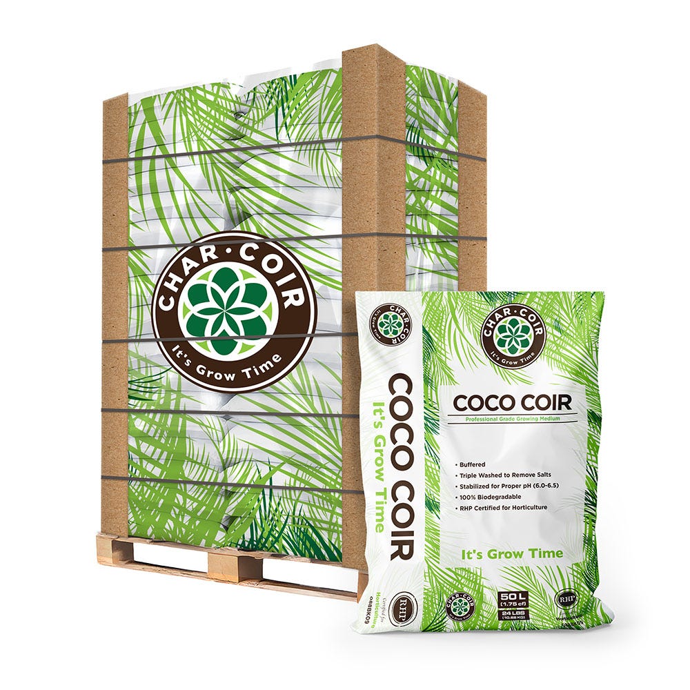 Char Coir Coco Coir growing medium bags on a pallet, with palm frond branding.