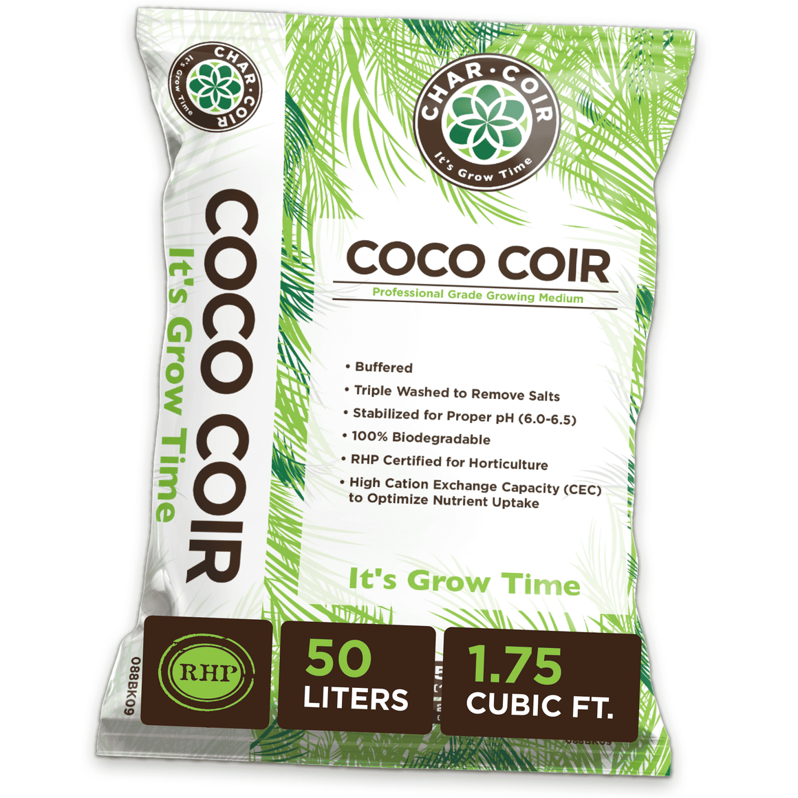 Char.Coir Coco Coir bag, green palm leaves, with text "COCO COIR", "50 LITERS", "1.75 CUBIC FT.".
