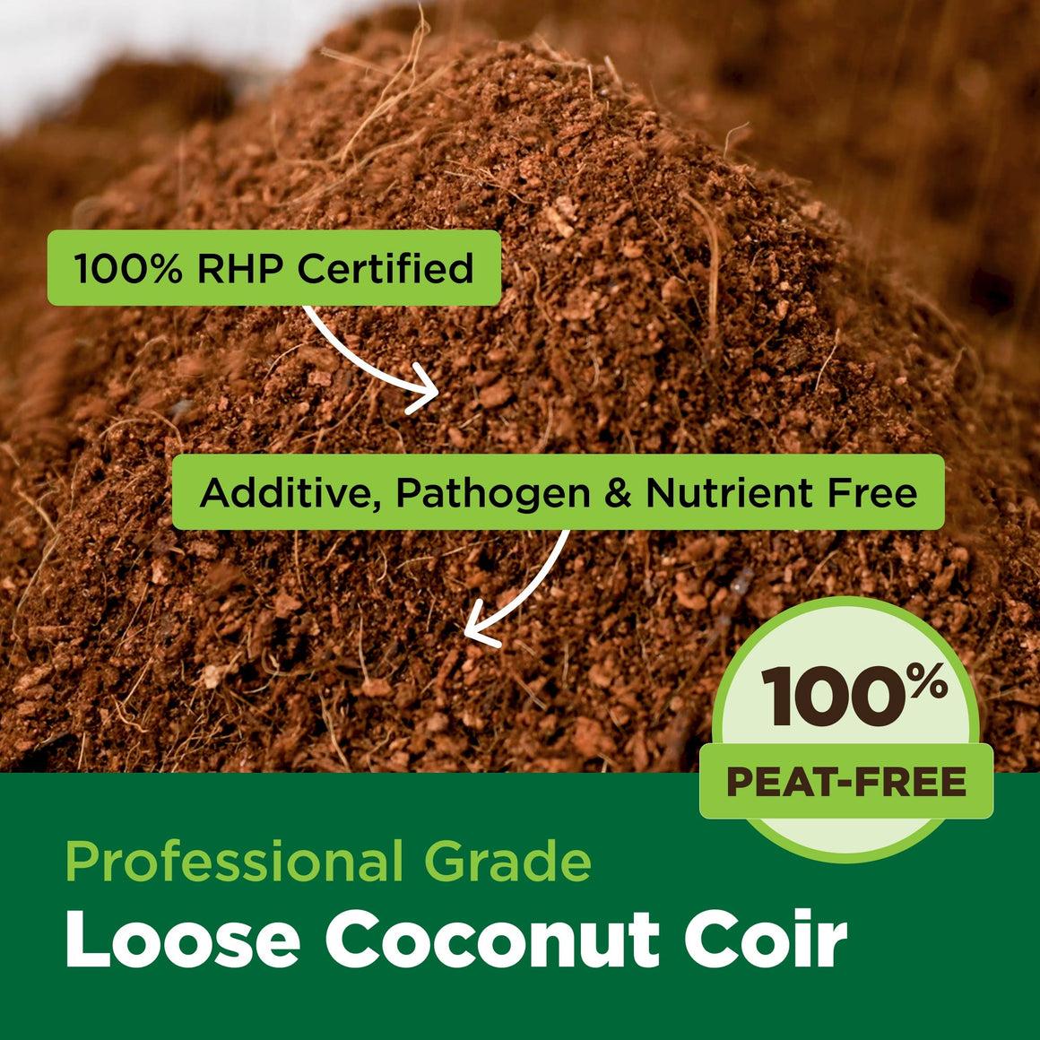 Close-up of loose coconut coir soil with text: "100% RHP Certified", "Additive, Pathogen & Nutrient Free", "100% PEAT-FREE", "Professional Grade Loose Coconut Coir".