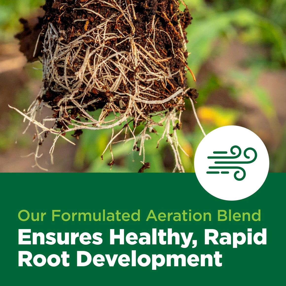 Healthy plant roots in soil with aeration icon and text "Our Formulated Aeration Blend Ensures Healthy, Rapid Root Development."