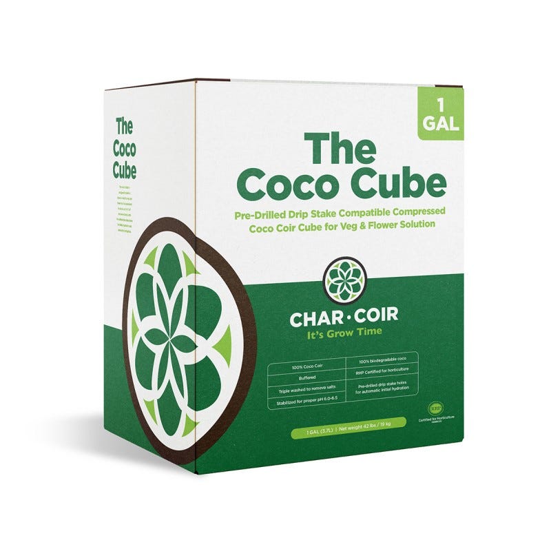 Char Coir The Coco Cube: 1 gallon compressed coco coir with drip stake holes for veg and flower.