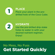 Coco Cube instructions: 1. Place plant in pre-drilled hole. 2. Hydrate using drip stake holes.