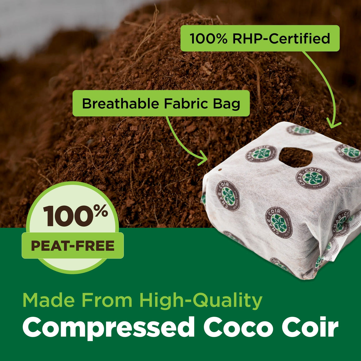 Compressed coco coir block in breathable fabric bag, 100% RHP-Certified and peat-free.