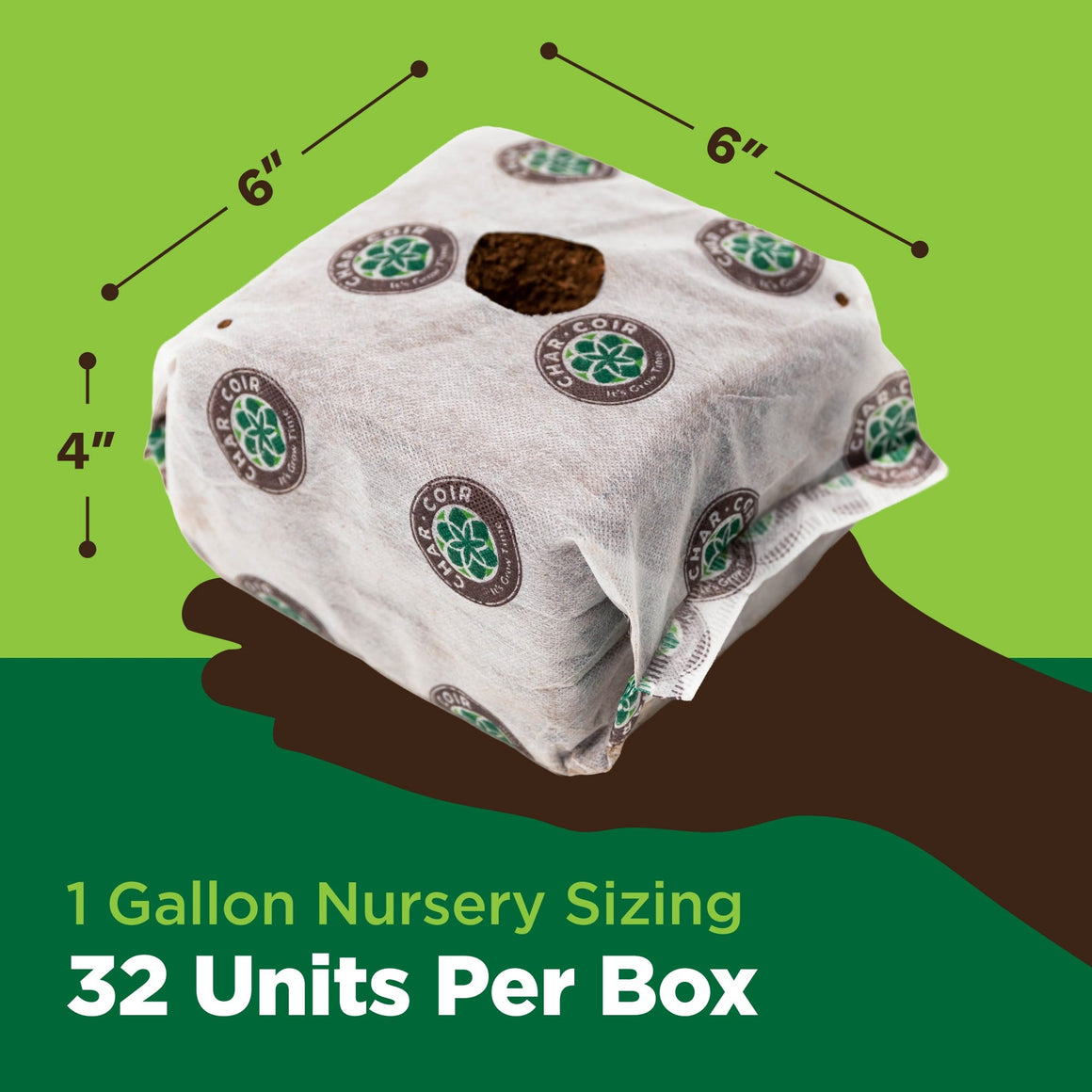 Char Coir coco cube 6x6x4 inches, 1 gallon nursery sizing, 32 units per box.
