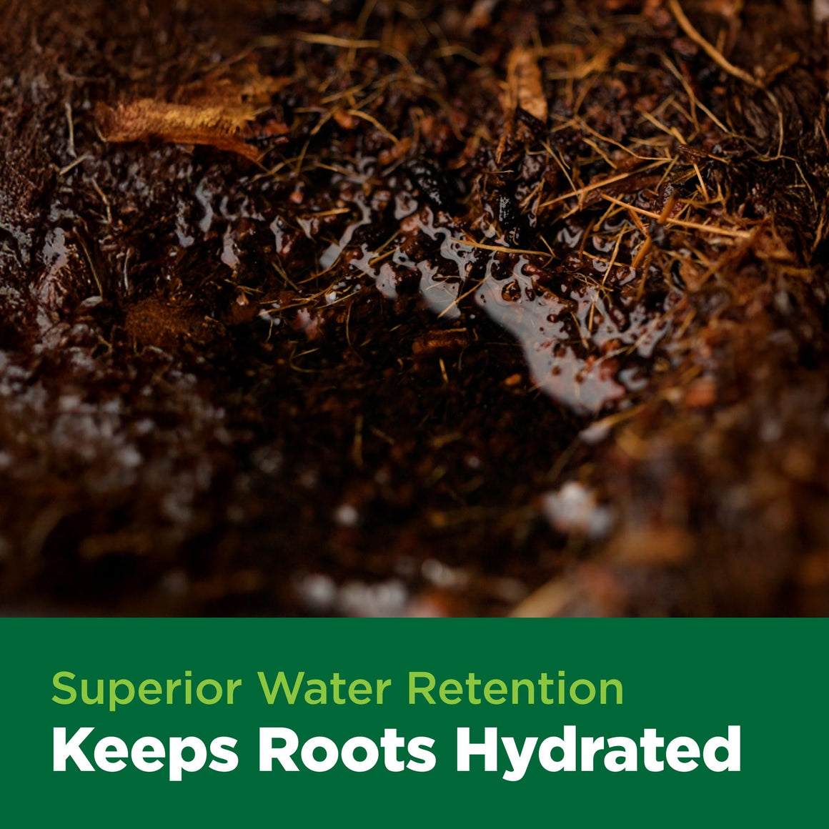 Close up of wet coco coir, with green text: "Superior Water Retention Keeps Roots Hydrated".