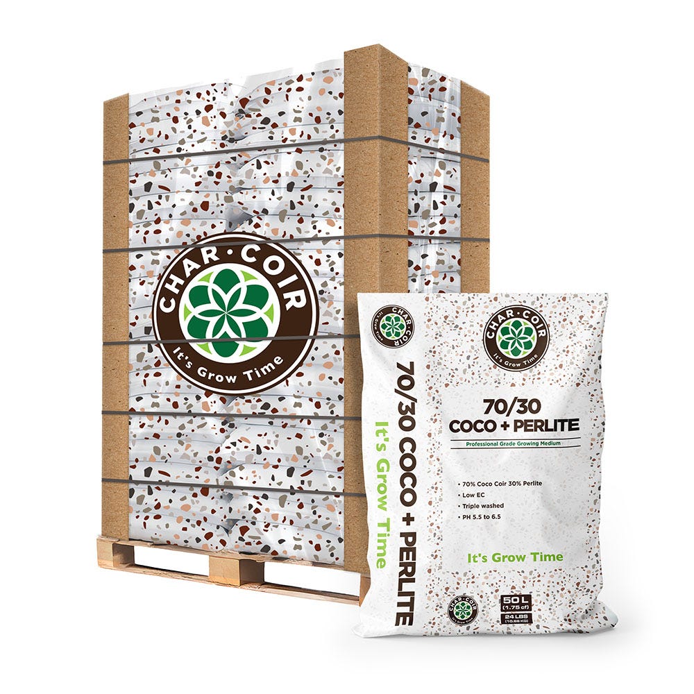 Char+Coir 70/30 coco perlite growing medium bag and pallet.