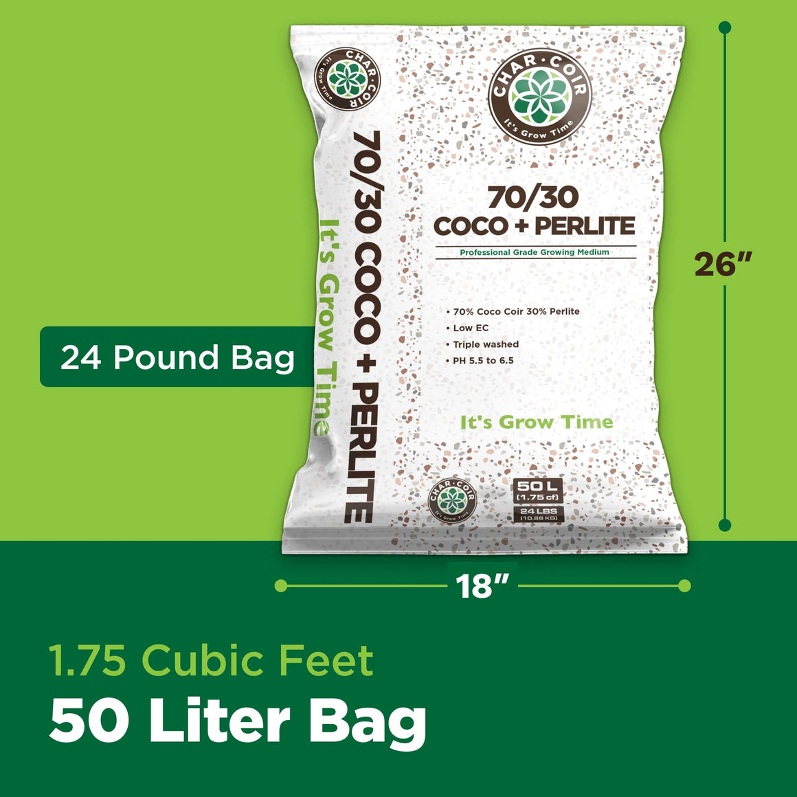 Char Coir 70/30 Coco + Perlite growing medium bag, 26" tall, 24 lbs, 1.75 cu ft, 50 L.