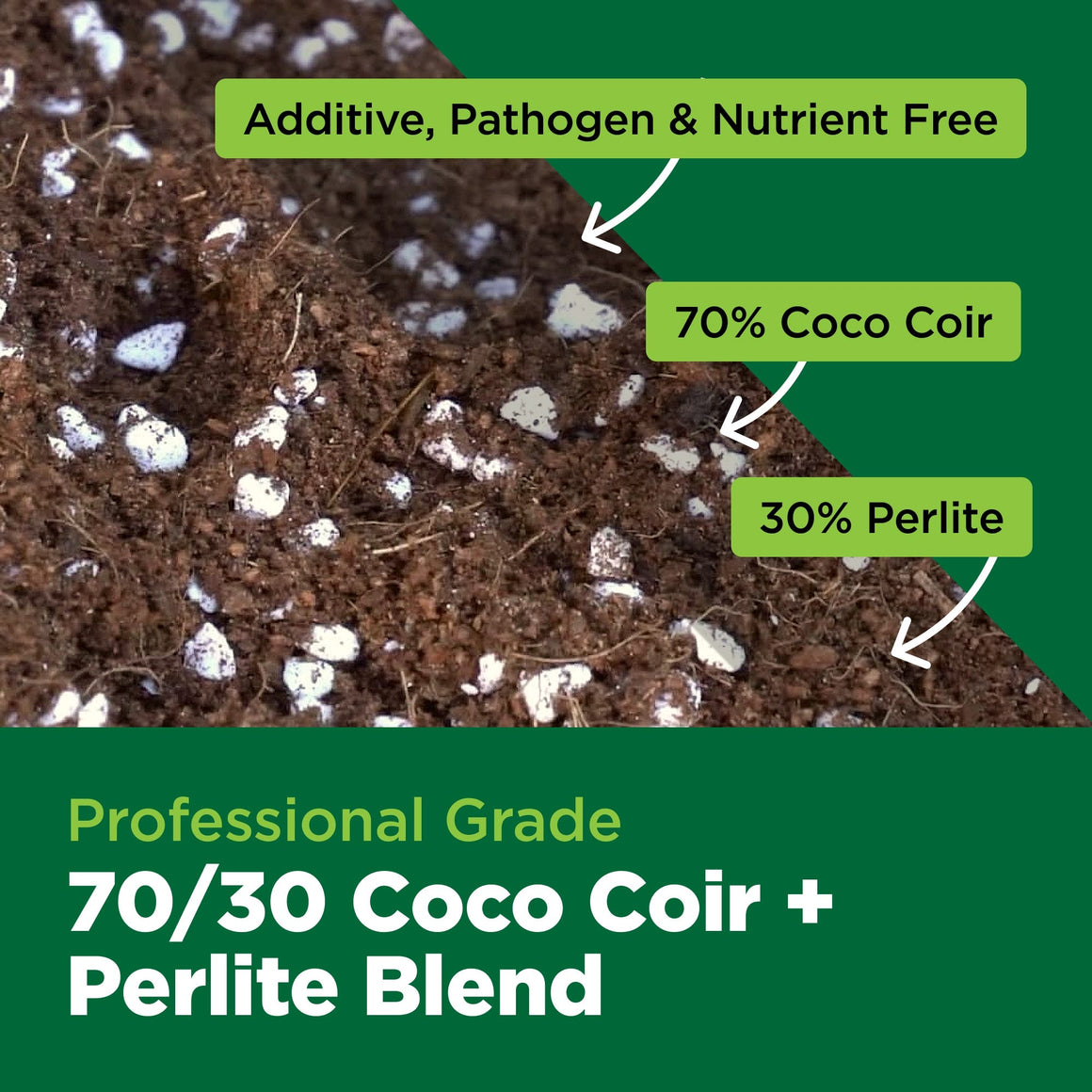 Close-up of coco coir and perlite soil blend, 70/30 ratio, professional grade.