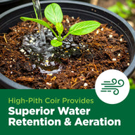 Water pours onto a seedling in soil, highlighting superior water retention & aeration.