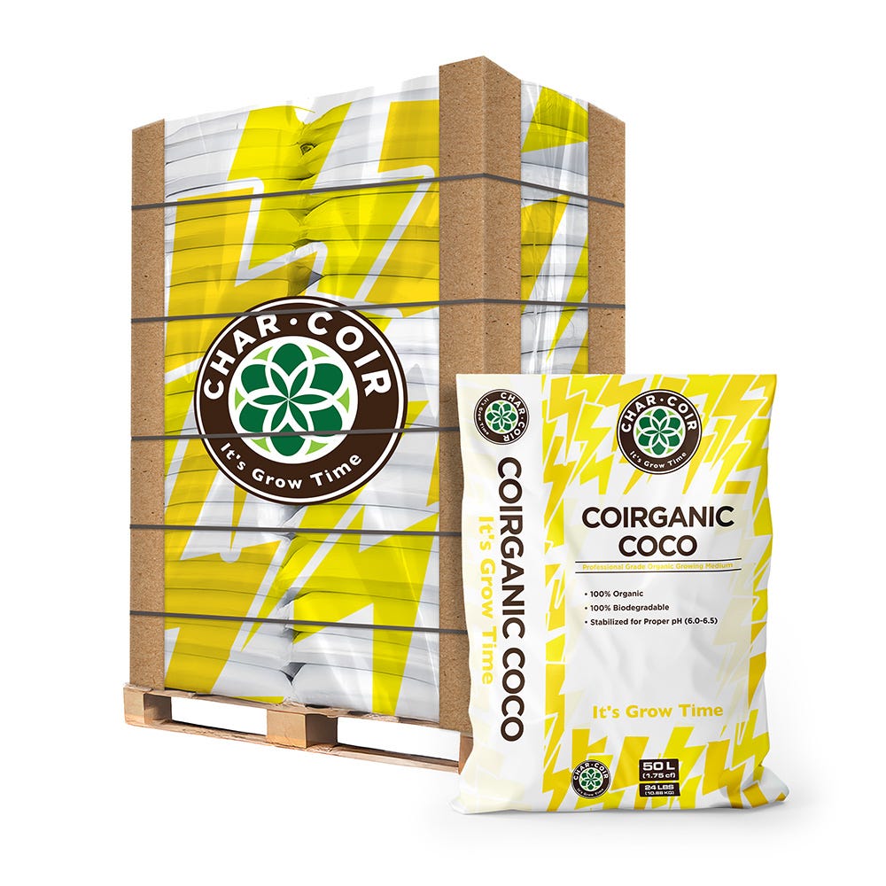 Char Coir bag and pallet of bags, featuring yellow lightning bolt design and logo.