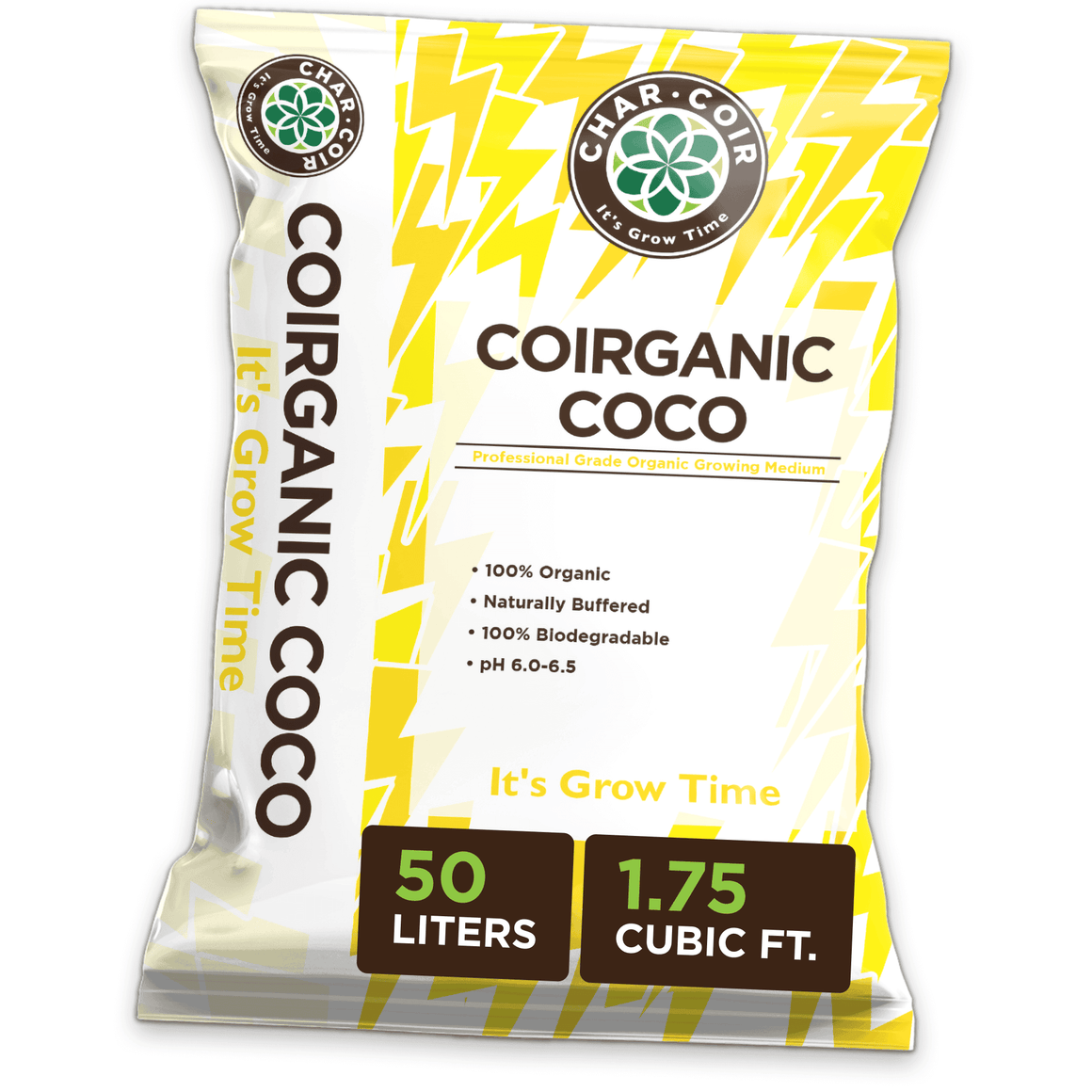 Char Coir COIRGANIC COCO bag, featuring lightning bolts and text.