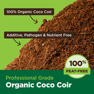 A close-up of organic coco coir with text overlays 