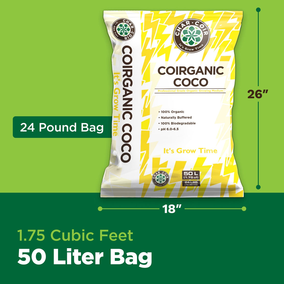 Bag of Char Coir Organic Coco growing medium with text "24 Pound Bag", "26"", "18"", and "1.75 Cubic Feet 50 Liter Bag".