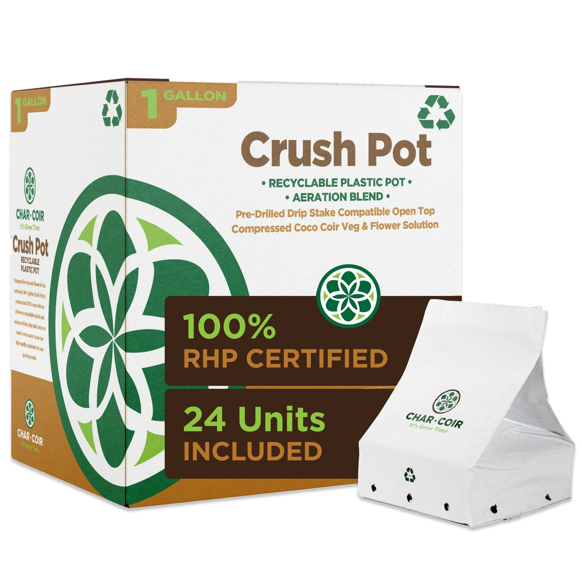 Char-Coir Crush Pot 1-gallon packaging box with a single white crush pot.