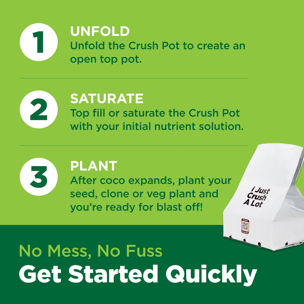 Green background with numbered steps and text: 1. Unfold, 2. Saturate, 3. Plant. A white product is partially visible.
