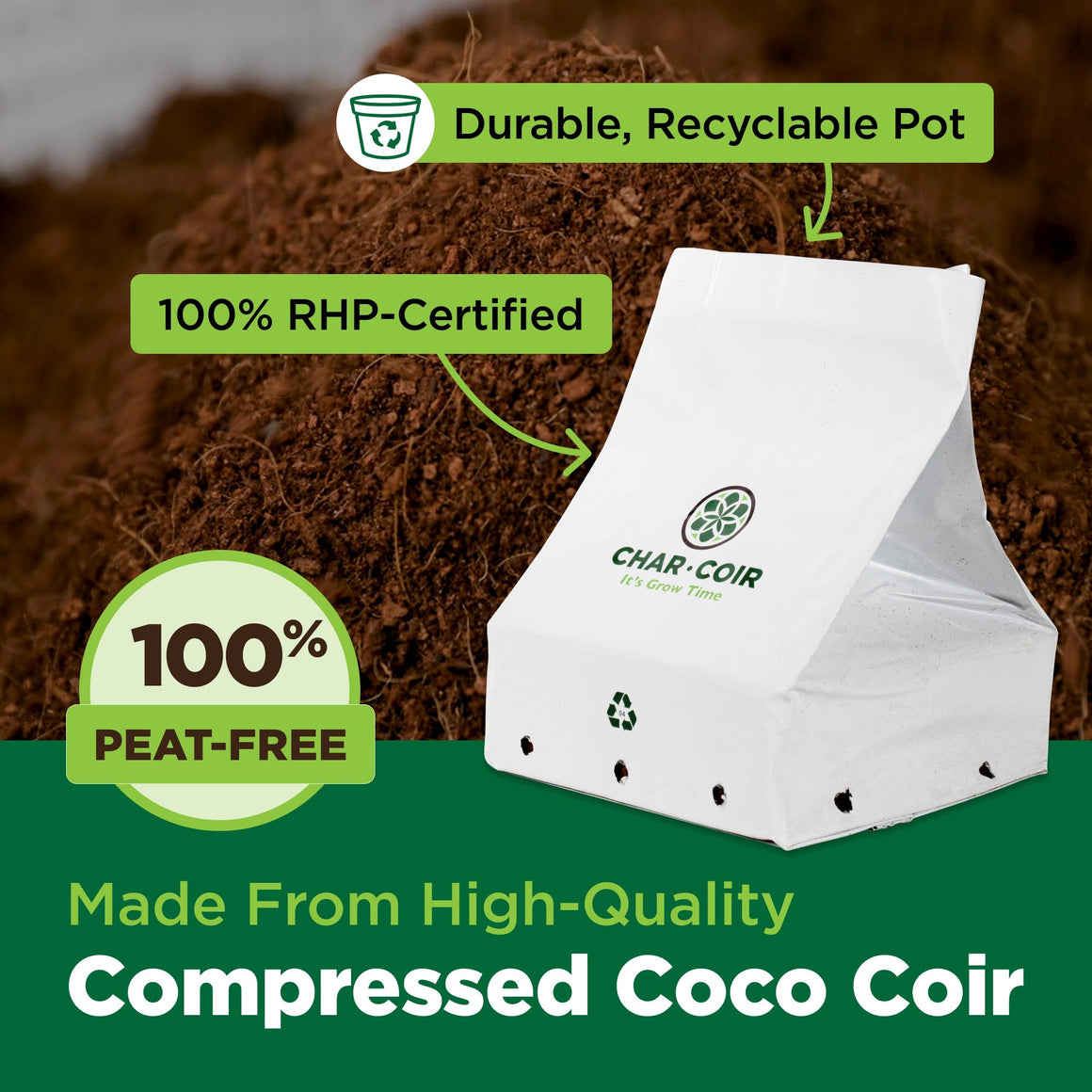 Char & Coir 100% peat-free compressed coco coir in a durable, recyclable pot.