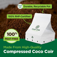 Char & Coir 100% peat-free compressed coco coir in a durable, recyclable pot.