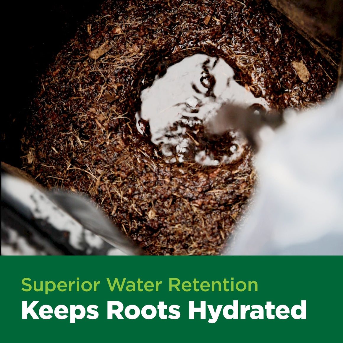 Closeup of wet coco coir in a pot with text overlay: "Superior Water Retention Keeps Roots Hydrated".