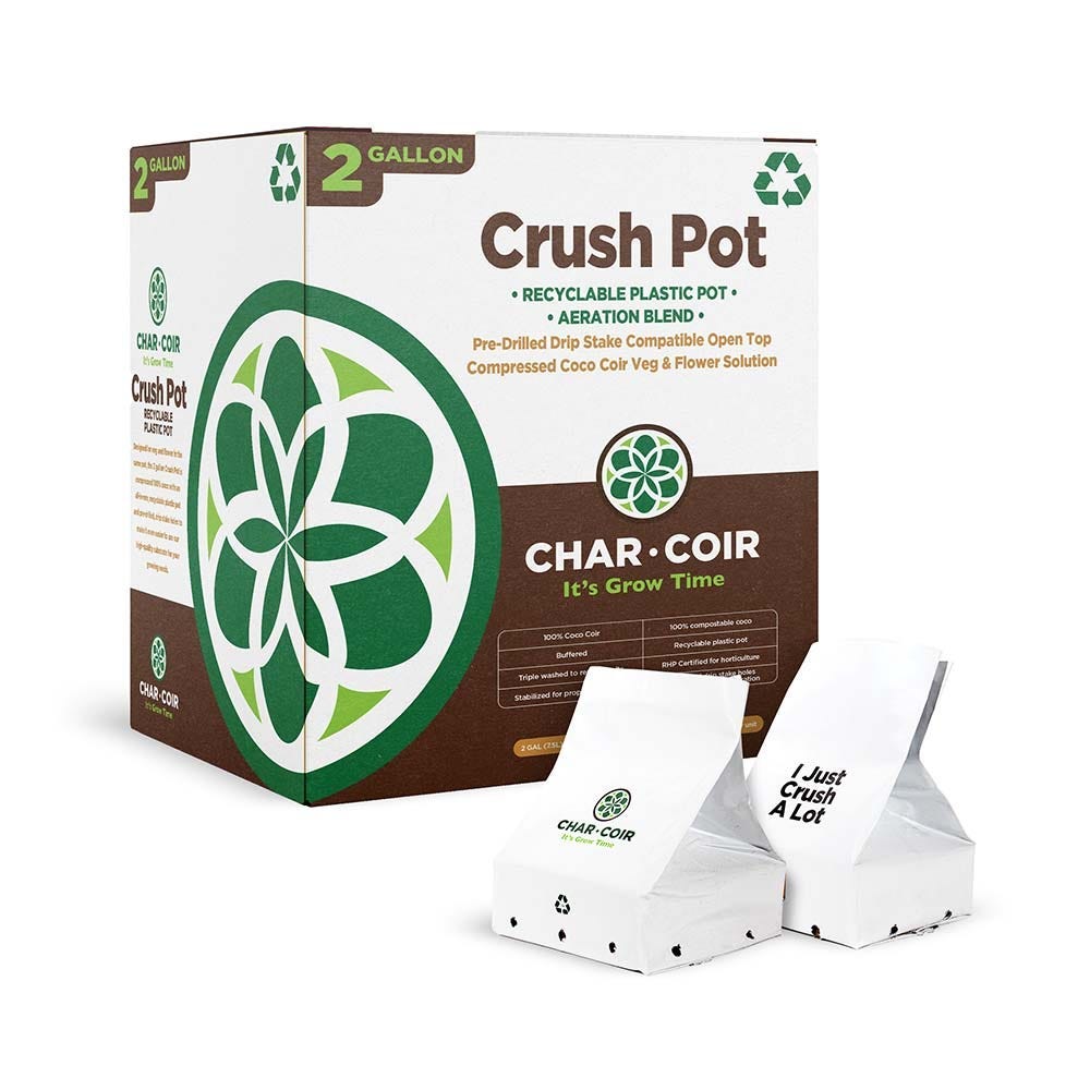 Char-Coir 2 Gallon Crush Pot box with two individual bags on a white background.