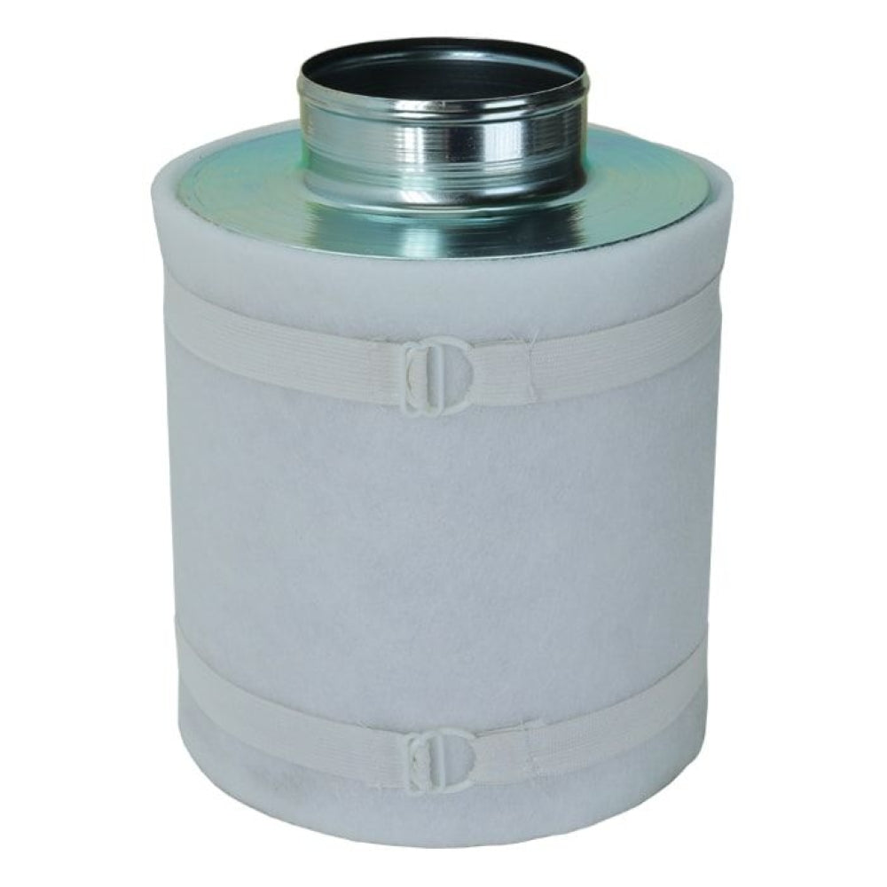 White activated carbon air filter with metal top, white elastic bands, and a circular vent opening.
