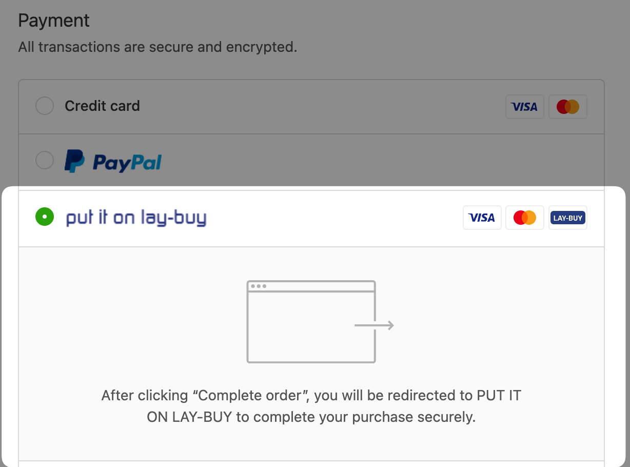 Payment options: Credit card, PayPal, and lay-buy with Visa, Mastercard, and lay-buy logos.