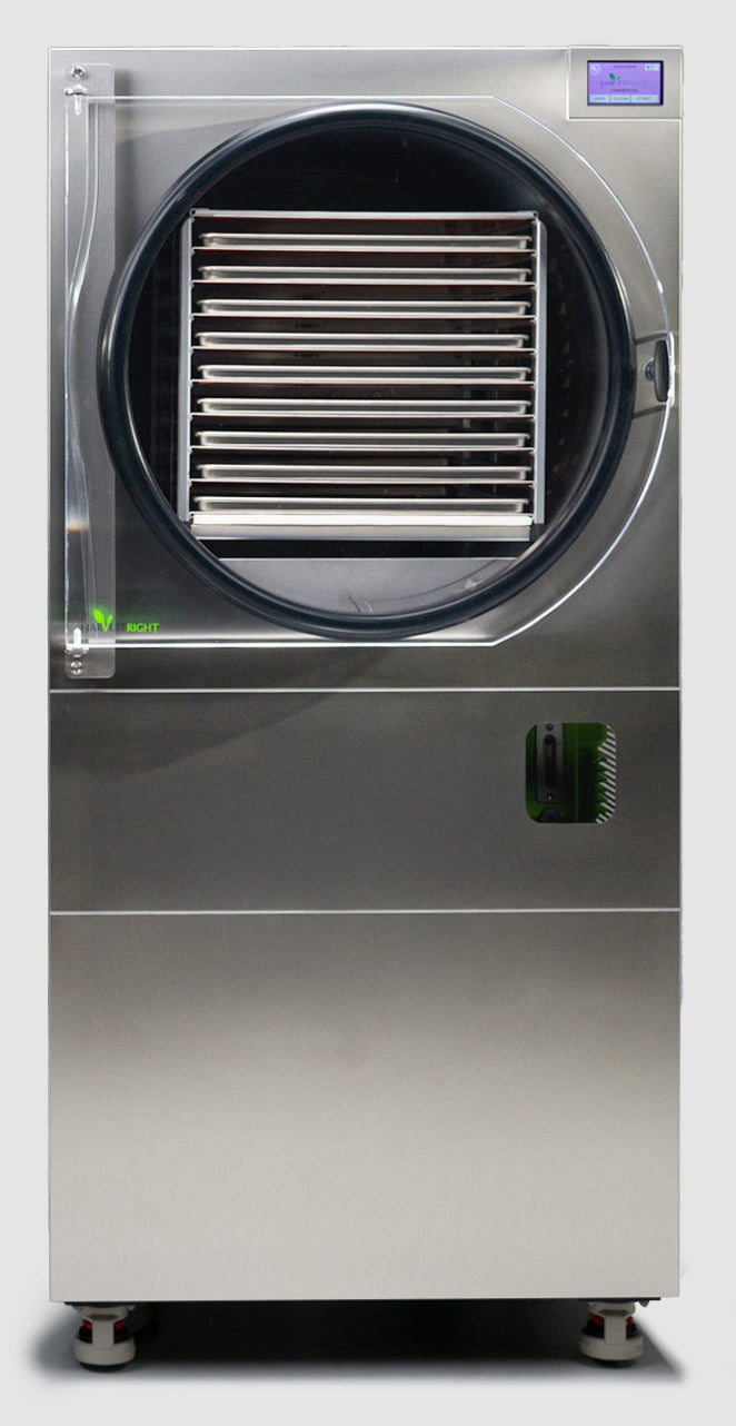 Commercial freeze dryer with stainless steel exterior, clear door, and digital display.