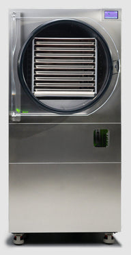 Commercial freeze dryer with stainless steel exterior, clear door, and digital display.