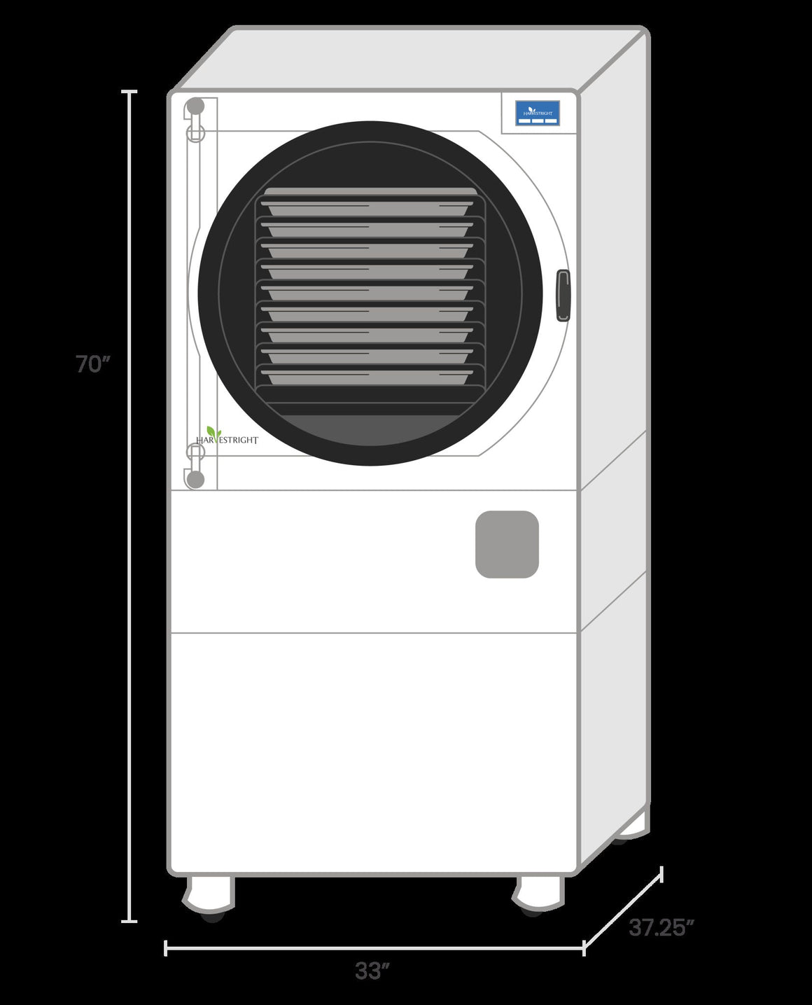 Illustration of a white Harvest Right commercial freeze dryer, showing dimensions 70" height, 33" width, and 37.25" depth.