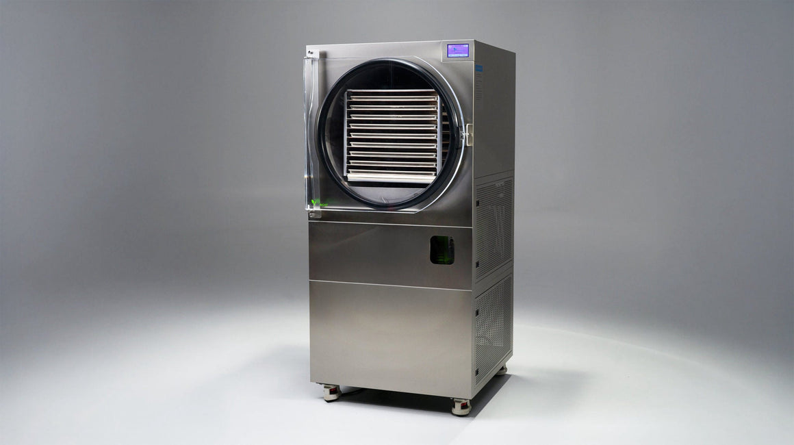 Stainless steel freeze dryer with a clear door, showing multiple trays inside, on a grey background.
