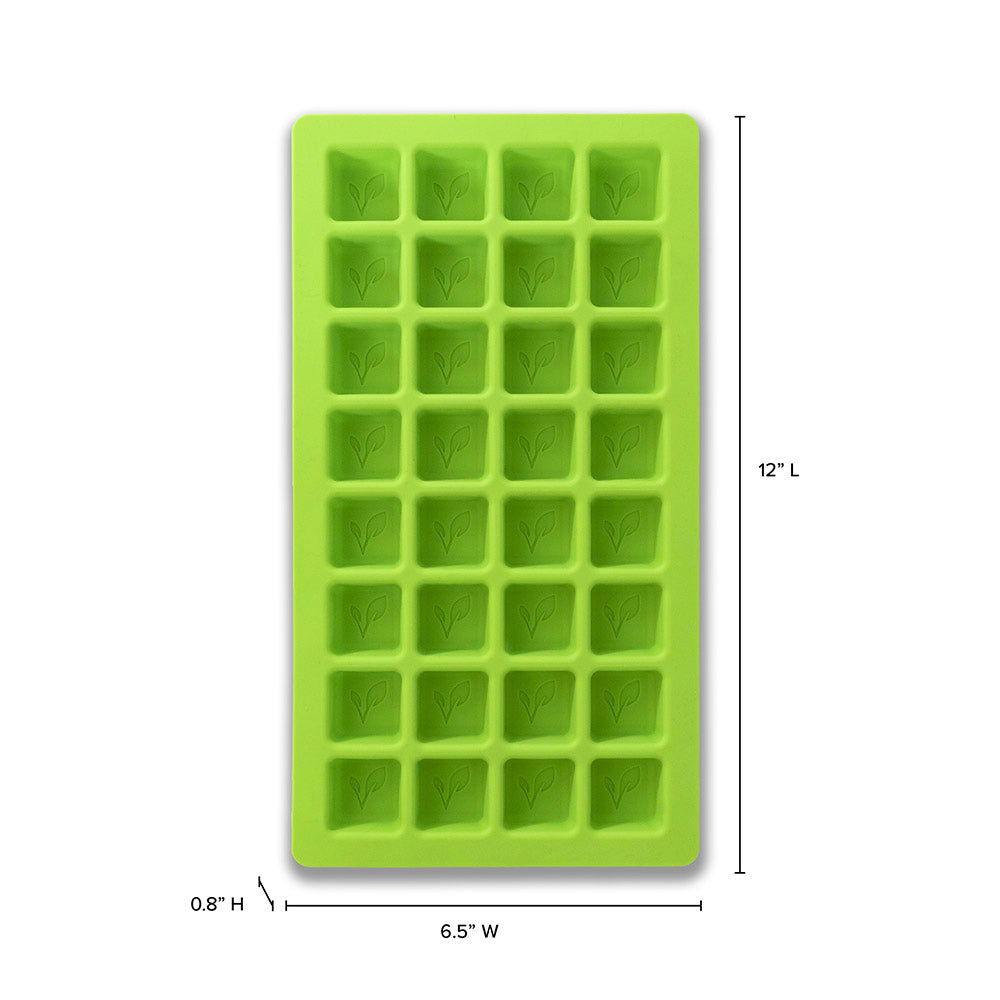 Green silicone ice cube tray with 30 leaf-shaped molds, 12" L x 6.5" W x 0.8" H.