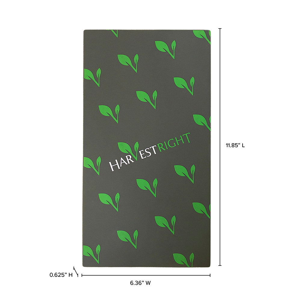Harvest Right logo on a dark gray mat with repeating green leaf sprouts. Dimensions shown.