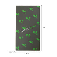 Harvest Right logo on a dark gray mat with repeating green leaf sprouts. Dimensions shown.