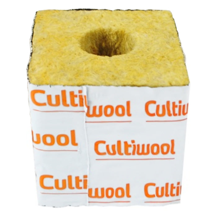 Hydroponic Cultiwool rockwool grow block, 3x3x3 cube with central hole, branded white wrapper.