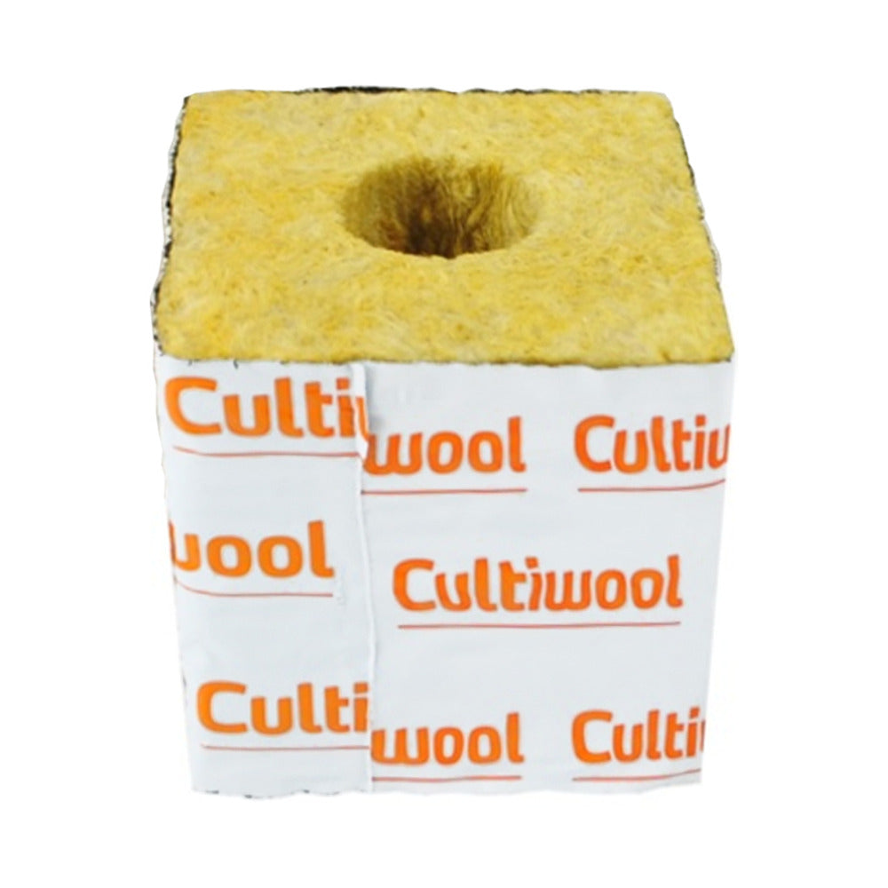 Hydroponic Cultiwool rockwool grow block, 3x3x3 cube with central hole, branded white wrapper.