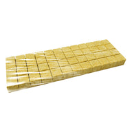 A rectangular sheet of 48 light yellow rockwool mini-blocks, pre-cut for plant propagation, partially covered in shrinkwrap.