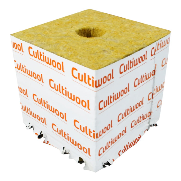 Cultiwool rockwool grow cube, yellow, white wrap with orange "Cultiwool" text, top starter hole.