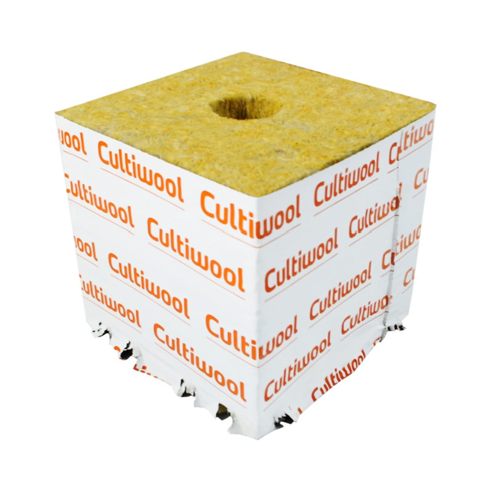 Cultiwool rockwool grow cube, yellow, white wrap with orange "Cultiwool" text, top starter hole.