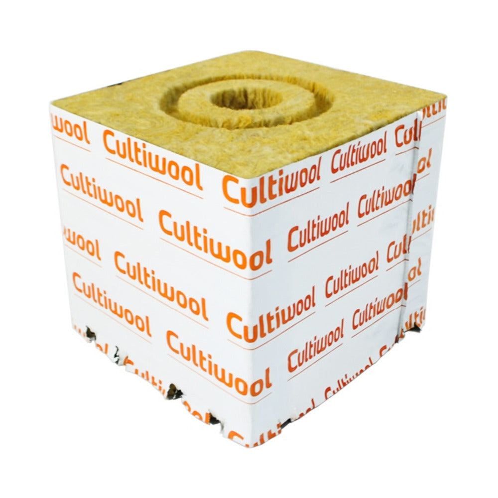 Yellow Cultiwool rockwool grow block, cube shape, with an Optidrain donut ring top, branded wrapper.