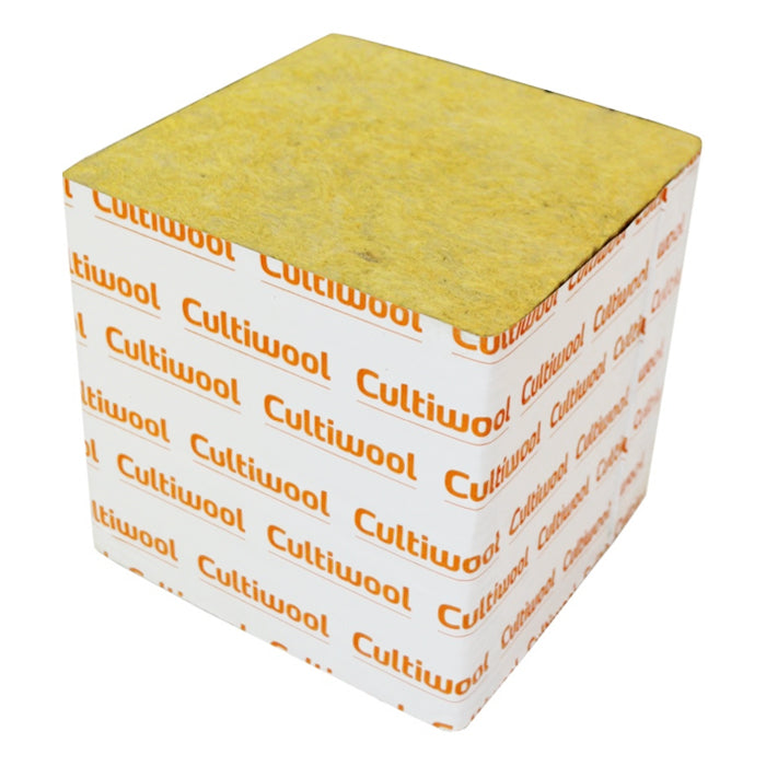 Cultiwool 8x8x8 block of yellow rock wool. White packaging with orange 'Cultiwool' branding visible on sides.